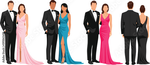 Diverse set of elegant couples in formal evening wear and black tie tuxedos posing for gala event banquet celebration or luxury wedding ceremony.
