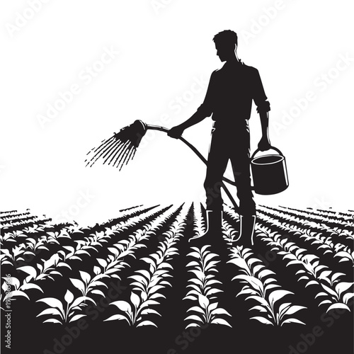 Black Farmer watering crops Silhouette Vector, High Quality Illustration on White Background