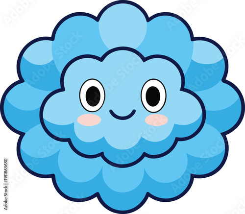 A cute blue fluffy cloud character with big black eyes and rosy cheeks, smiling happily, isolated on a black background, weather concept, cheerful, simple