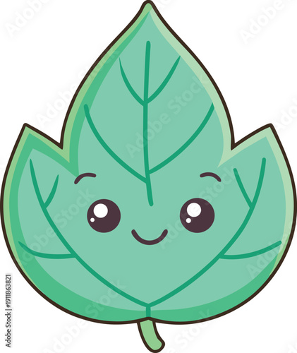 A vibrant green leaf with a cute smiling face, big eyes, and rosy cheeks, isolated on a black background, nature concept, fresh, simple