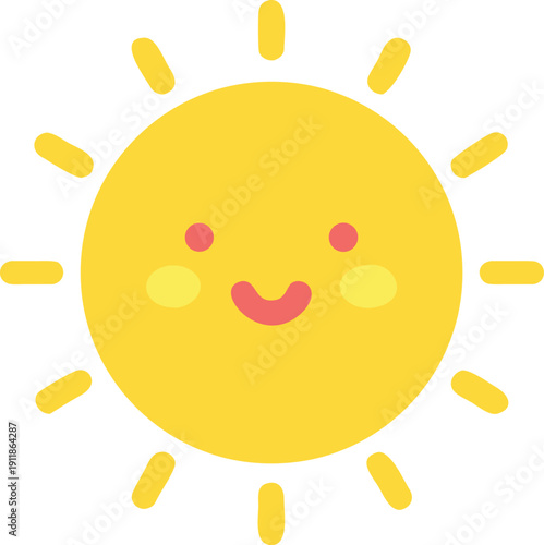 Cheerful yellow sun with a happy face, rosy cheeks, and bright rays, simple cartoon sunny and positive character, vibrant creative, colorful, abstract