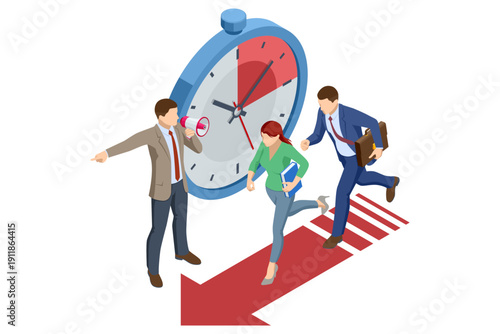 Isometric team run toward finish line under huge clock. Urgent deadline, time pressure and business rush. Time limit, urgency and office pressure concept illustration.