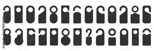 Hotel Door Hanger Tag Icons Vector, Flat Design Templates Representing Room Signs, Do Not Disturb, And Hotel Service Symbols For Hospitality Design.