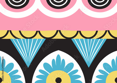 Vibrant abstract pattern featuring stylized floral motifs and geometric shapes in bold colors.