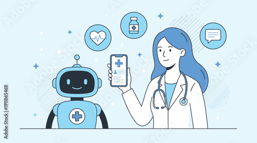 AI and healthcare collaboration cartoon — doctor and robot with medical app and icons for digital health, smart care, and tech illustration sets