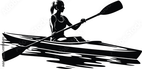 A cartoon illustration of a man and boy rowing a kayak on a summer river lake, featuring vector silhouettes of people enjoying water sports and paddling a canoe