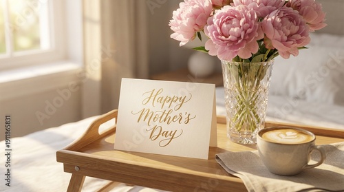 Happy Mother's Day card with pink peonies and coffee on a tray  