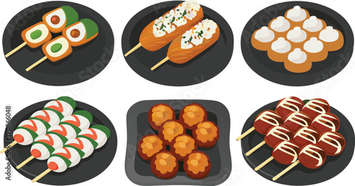 Set of sport icons and vector rubber stamps featuring fresh sushi rolls, salmon seafood, and gourmet chocolate cake isolated on a white plate for a healthy meal