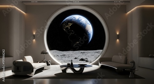 Futuristic lunar living room with view of earth through circular window
