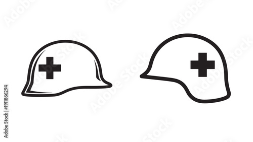 Professional medical safety helmets with red cross symbols for industrial rescue teams and clinical emergency response services.