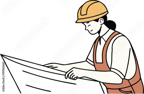 Female engineer or architect reviewing blueprints isolated on transparent background