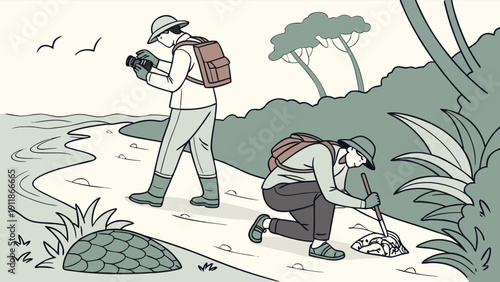 Two scientists exploring outdoors with equipment, collecting samples on a path near a river.