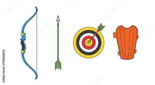 Archery equipment illustration bow arrow target and arm guard