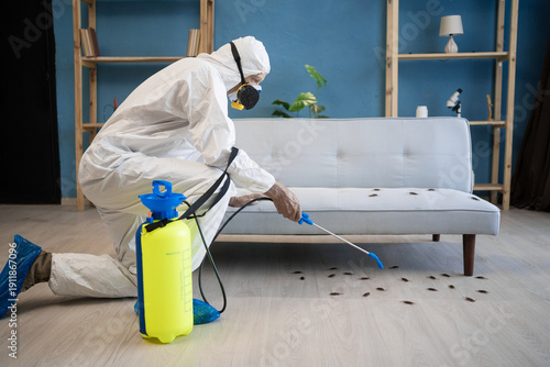 Konstfotografi Exterminator from pest control service using spray and insecticide disinfecting at home, targeting insect cockroaches with effective treatment