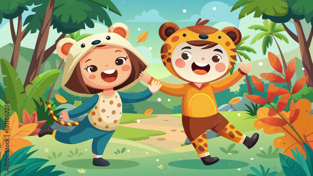 Naklejka premium vector illustration of children, masquerade, costumes, leopard, panda, palm trees, coconuts, vines, trees, grass, sand, stones, sky, mountains, joy, fun, children's, holiday, birthday, name day