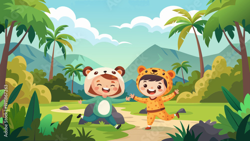 vector illustration of children, masquerade, costumes, leopard, panda,  palm trees, coconuts, vines, trees, grass, sand, stones, sky, mountains, joy, fun, children's, holiday, birthday, name day