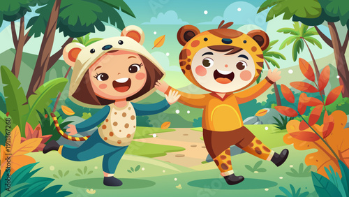 vector illustration of children, masquerade, costumes, leopard, panda,  palm trees, coconuts, vines, trees, grass, sand, stones, sky, mountains, joy, fun, children's, holiday, birthday, name day