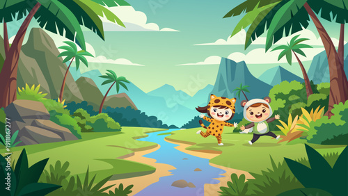 vector illustration of children, masquerade, costumes, leopard, panda,  palm trees, coconuts, vines, trees, grass, sand, stones, sky, mountains, joy, fun, children's, holiday, birthday, name day