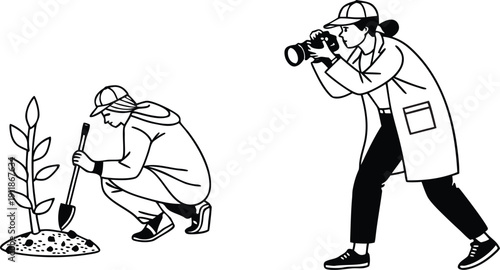 Scientists conducting field research icon set. Includes botanist, researcher, plant, microscope, shovel, and soil analysis. Created in line style with black and white palette