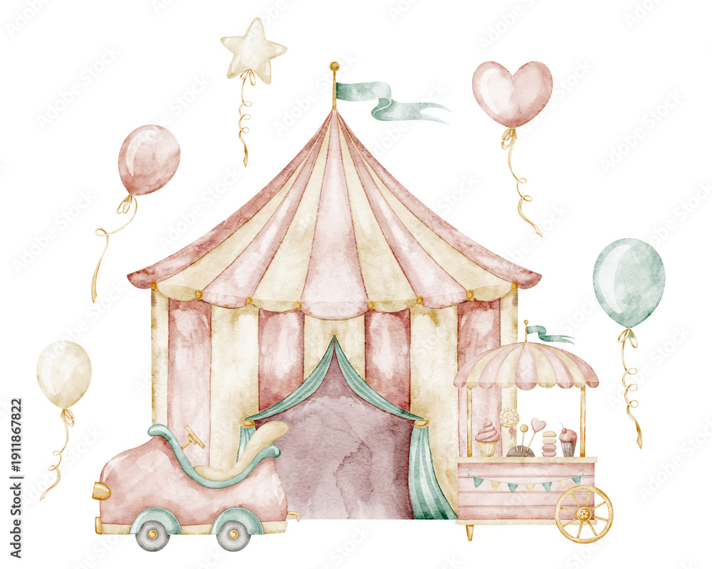 custom made wallpaper toronto digitalWatercolor Circus tent in soft pastel vintage style. Illustration of carnival element in fairground scene for nursery posters, childish party designs and nostalgic amusement park themes