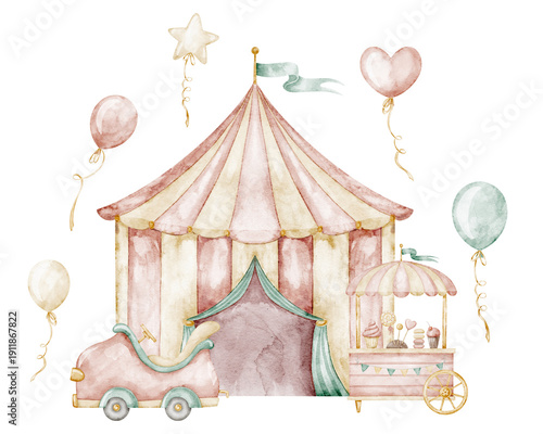 Wallpaper Mural Watercolor Circus tent in soft pastel vintage style. Illustration of carnival element in fairground scene for nursery posters, childish party designs and nostalgic amusement park themes Torontodigital.ca