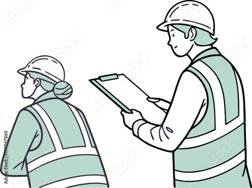 Two construction workers in safety gear, one holding clipboard, isolated on transparent background