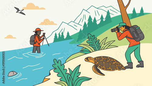 Outdoor enthusiasts exploring nature with turtle on sandy riverbank