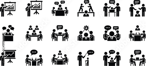 Black and white icons of people in various business and meeting settings