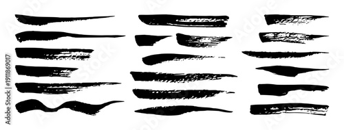 Chinese brush strokes collection. Black ink calligraphy elements, hand-painted traditional Asian art set for graphic design projects and artistic brushwork compositions. Traditional brush painting set