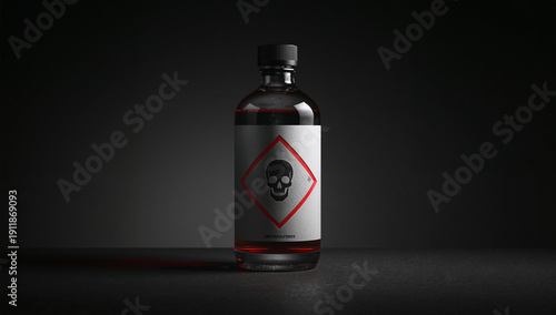 グラデーション背景でドクロマークの薬品瓶を上質に際立たせる表現