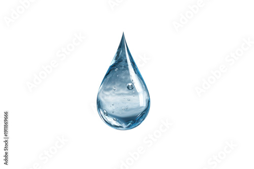 Single clear blue water droplet with air bubbles suspended against black background liquid, Isolated On White Background, Png Transparent