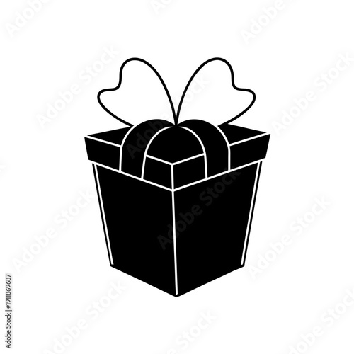 A stylish gift box with a bow ribbon tied on top, presented in minimalist black and white design