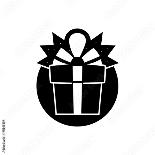 Black and white gift box with balloon icon on a circular background