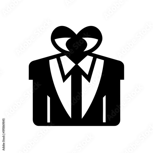 Black silhouette of a tuxedo with a heart-shaped bow tie representing love and formalwear