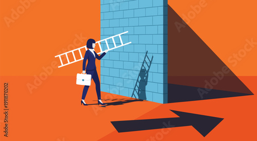 Businesswoman with ladder overcoming wall vector illustration representing challenges and growth opportunities
