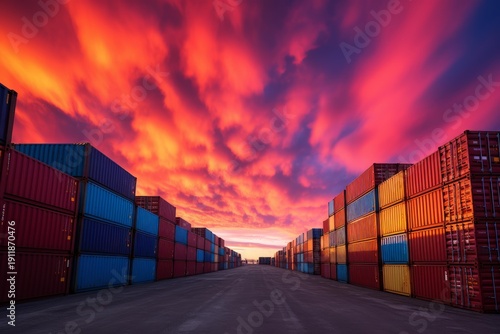 Wallpaper Mural Stacked shipping containers reflecting warm light from a vibrant dramatic sky Torontodigital.ca