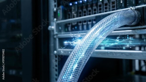 High tech cooling distribution units ai center server rack with glowing data flow and blue energy coolant hose spark effect near modern hardware