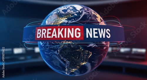 Global breaking news banner with digital planet Earth, live television broadcast concept, world news alert graphic for urgent international updates and headlines