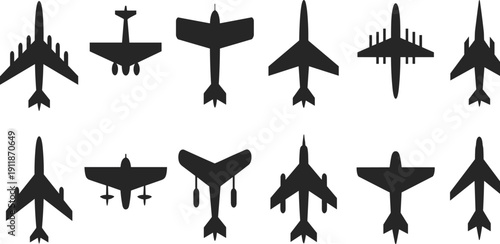 PrintvBlack silhouette collection of airplane top view icons for aviation industry, air travel transport, aerospace flight, and airport