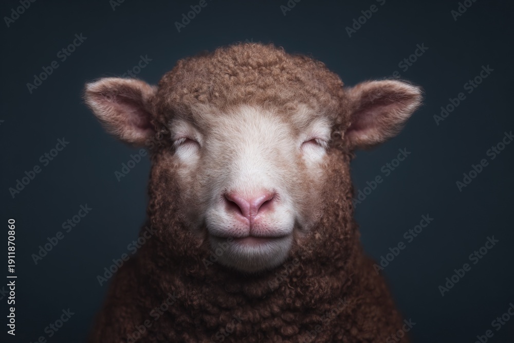 Obraz premium Sheep with closed eyes in studio setting with dark background