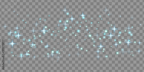 Turquoise cloud of scattered dust and tiny stars, varying size and transparency, abstract glowing particles in PNG format.