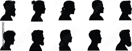 PrintBlack silhouette collection of male head profiles with different hairstyles and beards for barber shop, identity, and character