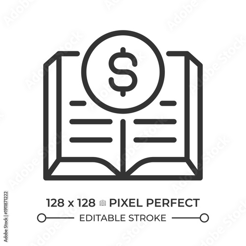 General ledger pixel perfect line icon. System keeping company financial data. Transaction organization. Business. Isolated vector illustration. Outline symbol. Simple linear drawing. Editable stroke