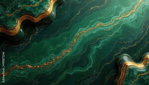 Deep green malachite texture with swirling golden veins. Rich abstract background with polished stone effect. Luxurious organic pattern for design projects.