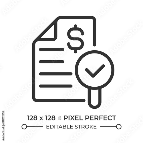 Financial audit pixel perfect line icon. Evaluation of organization statements and records. Commercial activity. Isolated vector illustration. Outline symbol. Simple linear drawing. Editable stroke