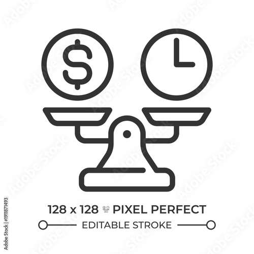 Break even point pixel perfect line icon. Sales volume and revenue level balance. Financial calculation. Business. Isolated vector illustration. Outline symbol. Simple linear drawing. Editable stroke