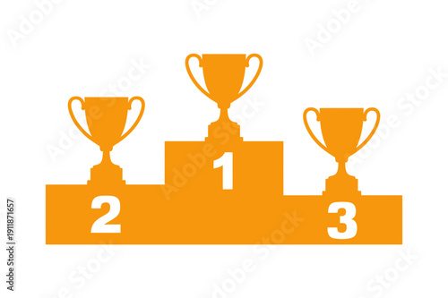 A minimalist vector graphic of a podium with three trophies representing first, second, and third place winners