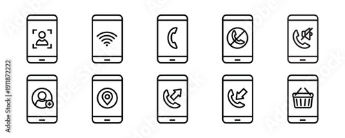 Mobile Phone Functions and Settings line icons. Smartphone technology vector linear icon set.