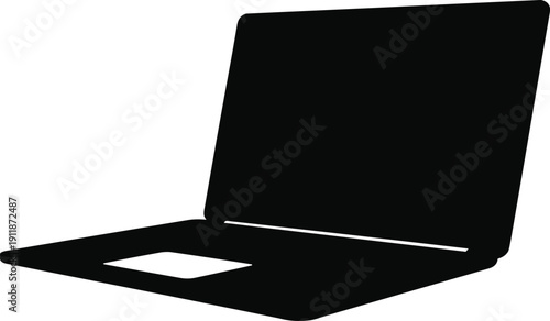 PrintBlack silhouette of a modern laptop computer vector icon for digital technology, remote work, business workspace, and electronics