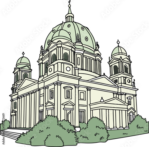 Detailed line art illustration of Berlin Cathedral with greenery around